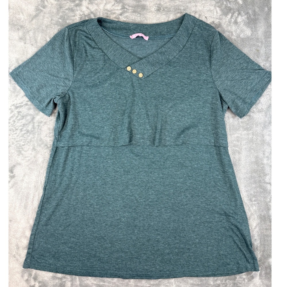 Joymom Womens 2XL Nursing Top Teal Green Short Sleeve Button V-Neck‎ Maternity